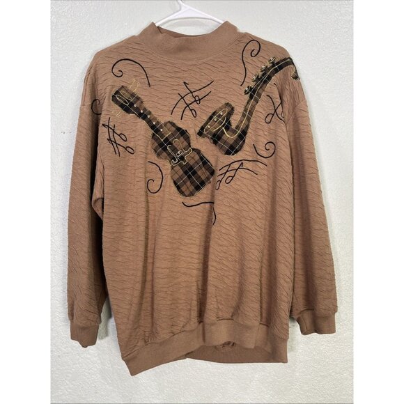 Donna Toran Vtg Crewneck Sweater Womens XL Brown Embroidered Music Crinkle Knit - Picture 1 of 8